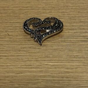 Black Heart Swirl Brooch with Crystal Accents